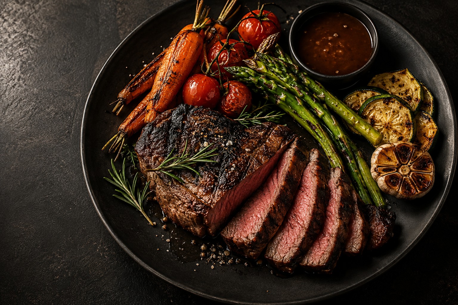 Angus grelhado fatiado, vegetais assados e molho da casa
